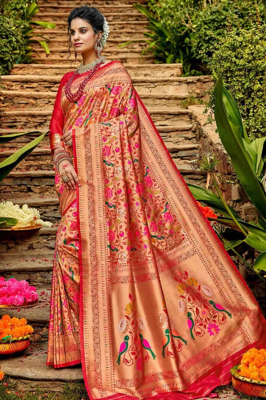 Marvellous Red Paithani Silk Saree With Profuse Blouse Piece