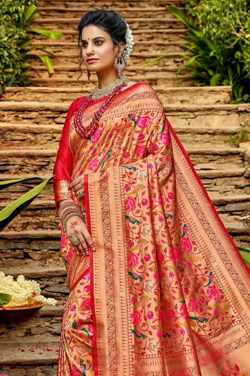 Marvellous Red Paithani Silk Saree With Profuse Blouse Piece