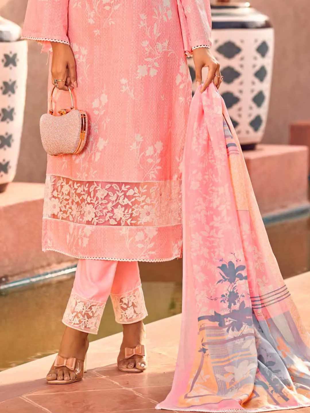 Masakali Embroidered Pink Cotton Unstitched Suit Set