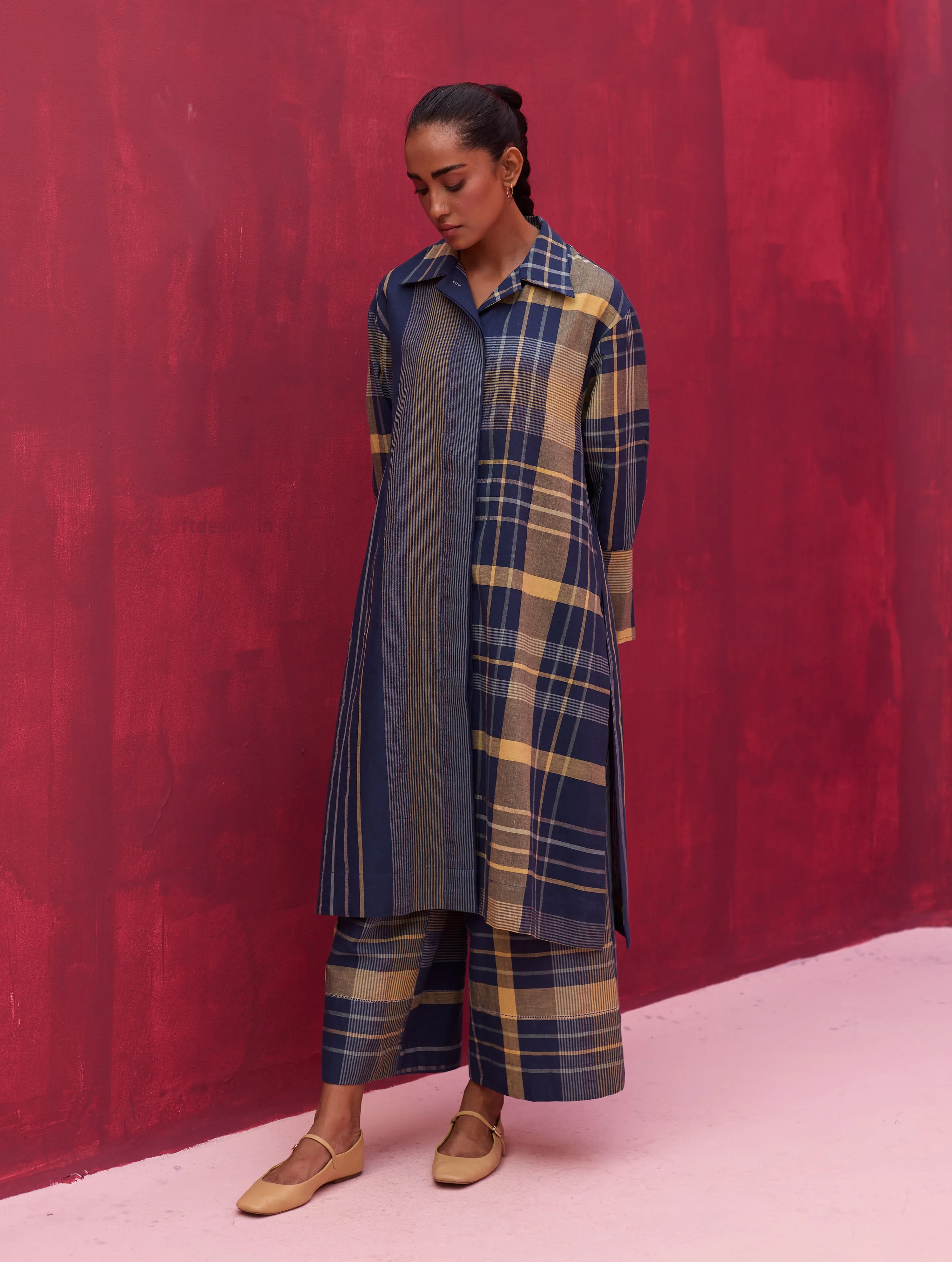 Masha Check Linen Shirt Co-ord Set - Navy