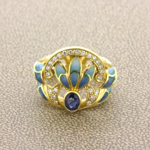 Masriera Diamond Sapphire Enamel 18K Yellow Gold Ring