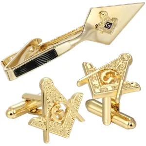 Master Mason Blue Lodge Accessories Set - Gold Cuff Links & Tie Clip