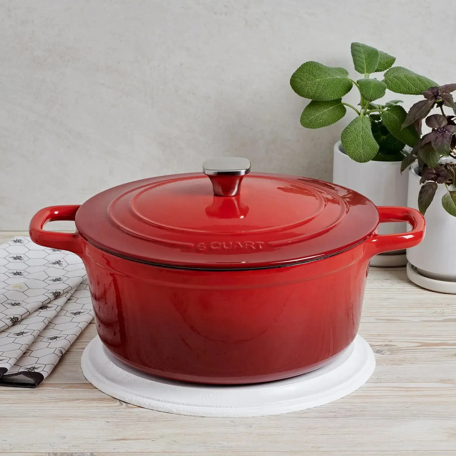 MasterPro Cast Iron Casserole Pot With Lid Red Enamel Oven Dish