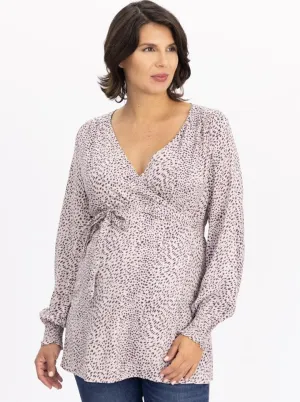 Maternity Wrap Blouse in Animal Print - Pink