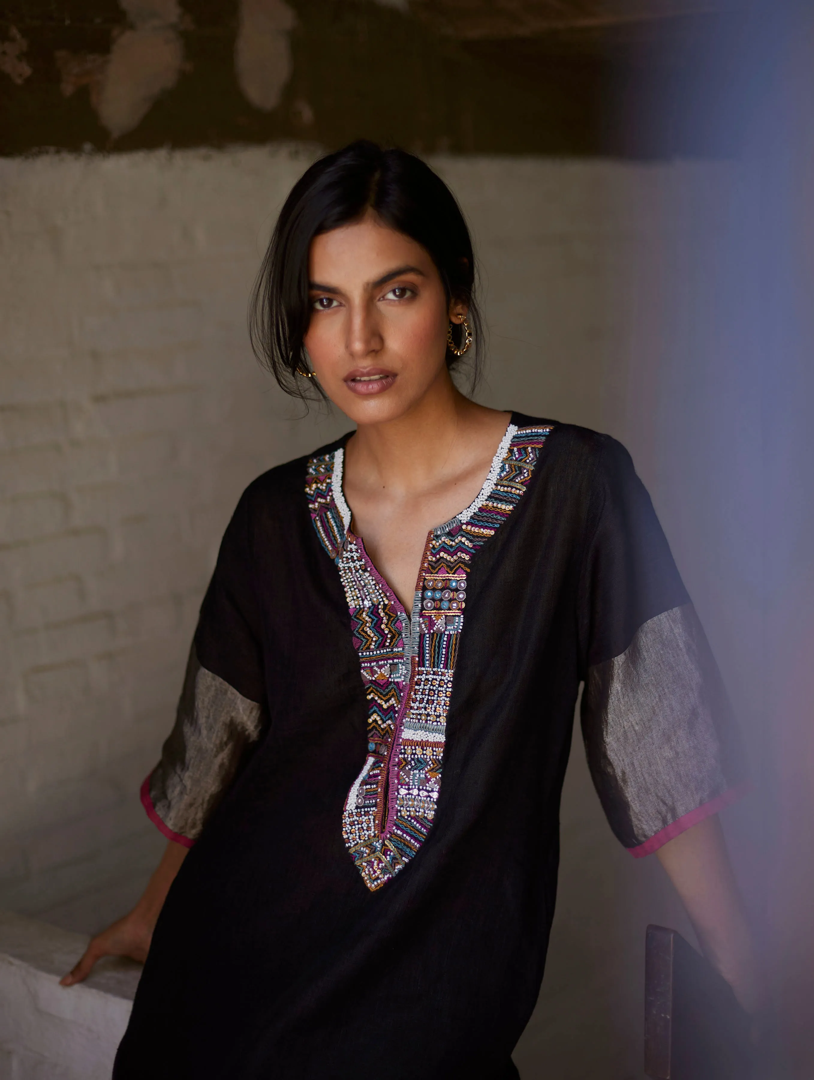 Mato Hand-Embroidered Kurta - Black