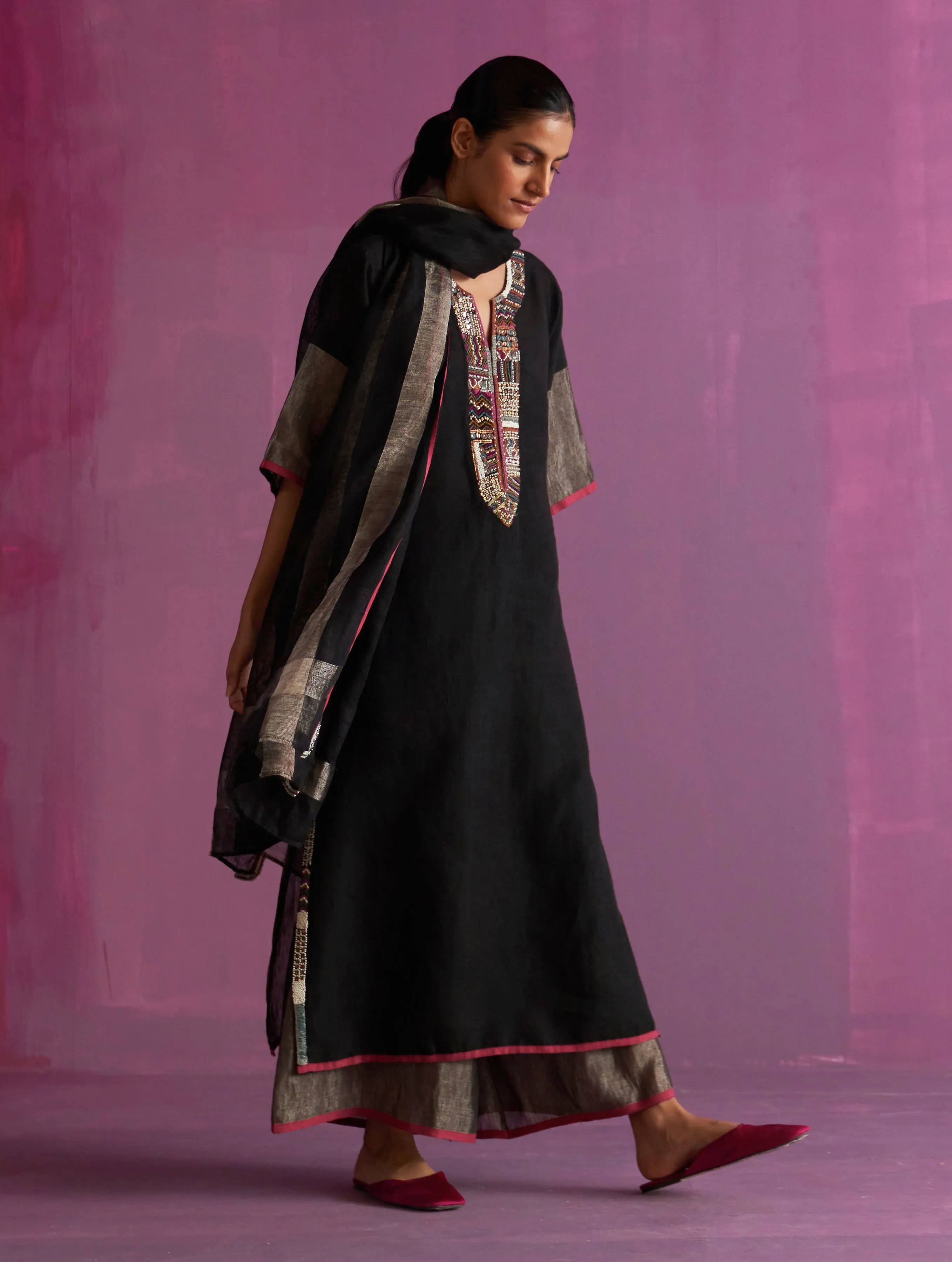 Mato Hand-Embroidered Kurta Set - Black