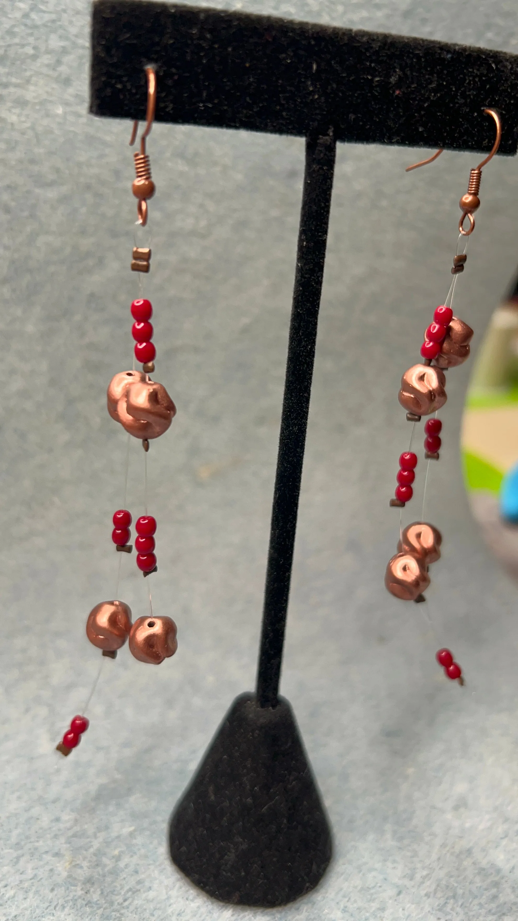 Matte Copper and Rustic Red Czech Glass Floating Long Earrings