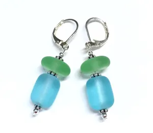 Matte Glass Leverback Earrings - Aqua and Green