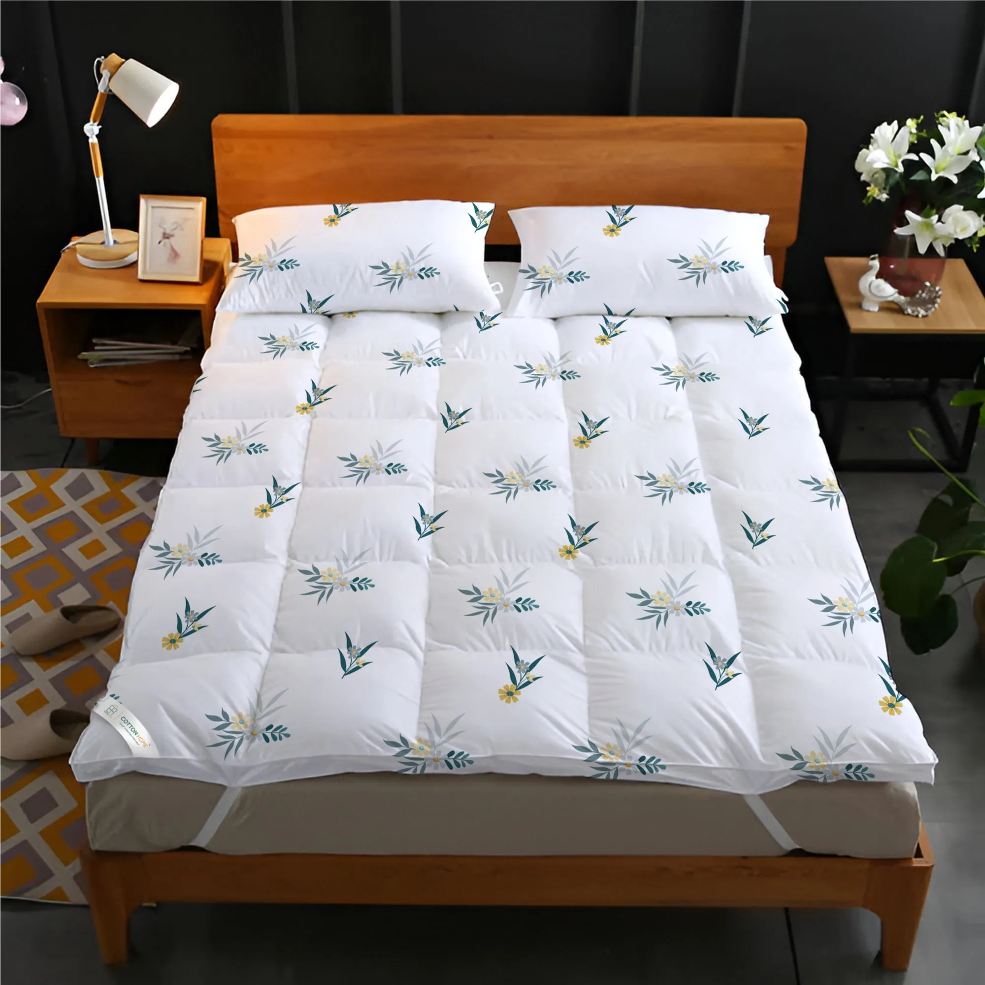 Mattress Topper with 2 Pillow Cover - Floral Design 140x200 8cm