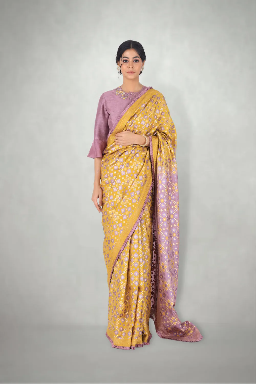 Mauve & Mustard Ombre Ikat Printed Saree Set