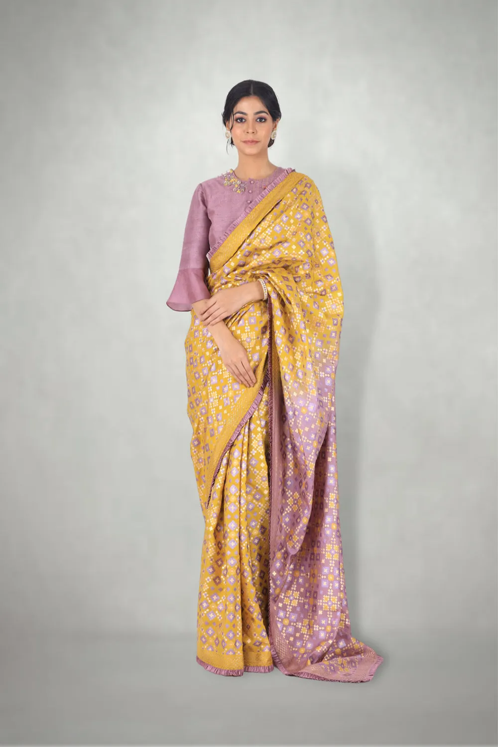 Mauve & Mustard Ombre Ikat Printed Saree Set