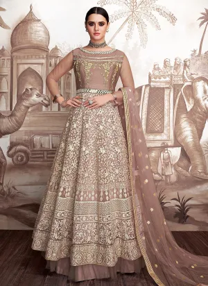 Mauve And Beige Embroidered Layered Anarkali Suit