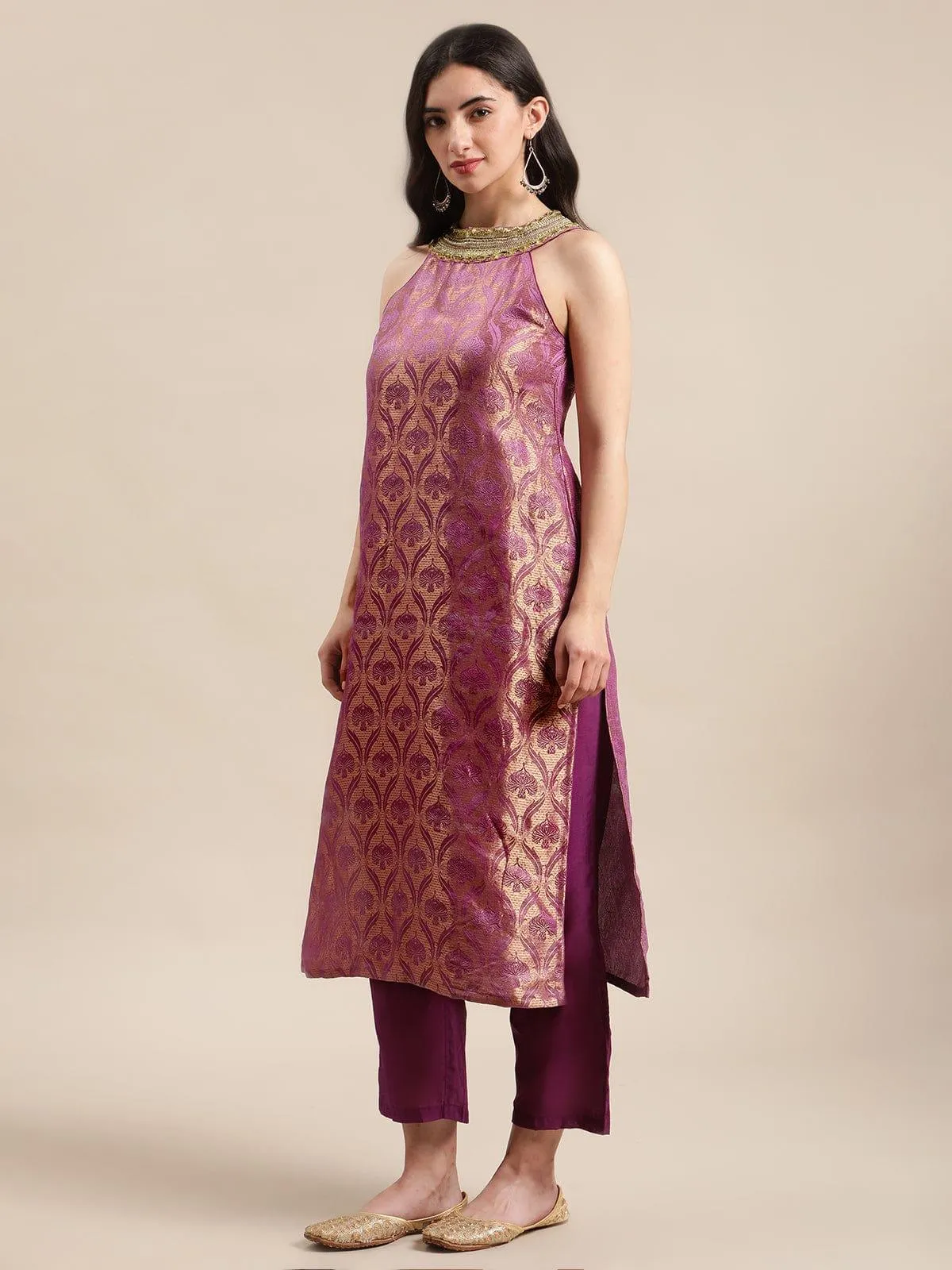 Mauve And Gold Halter Neck Brocade Straight Kurta With Straight Trouser And Double Layer Ruffle Dupatta