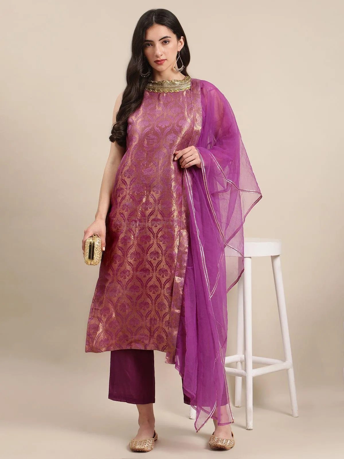 Mauve And Gold Halter Neck Brocade Straight Kurta With Straight Trouser And Double Layer Ruffle Dupatta