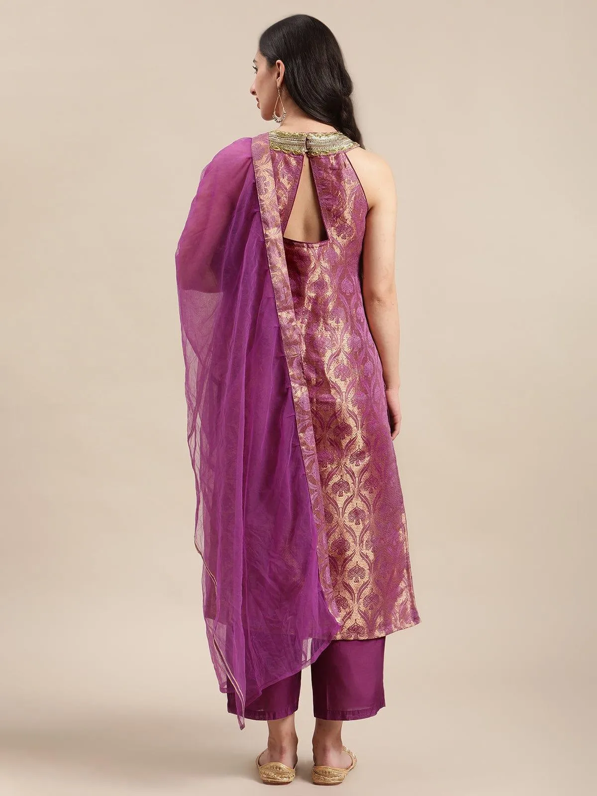 Mauve And Gold Halter Neck Brocade Straight Kurta With Straight Trouser And Double Layer Ruffle Dupatta