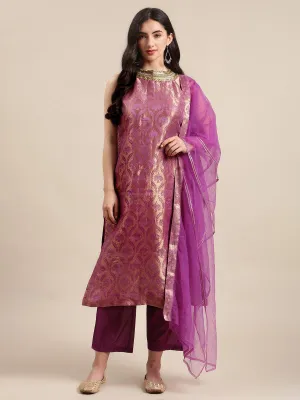 Mauve And Gold Halter Neck Brocade Straight Kurta With Straight Trouser And Double Layer Ruffle Dupatta