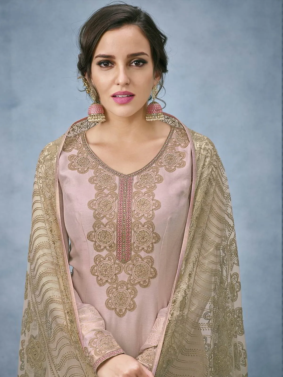 Mauve And Green Lucknowi Embroidered Ethnic Palazzo Suit