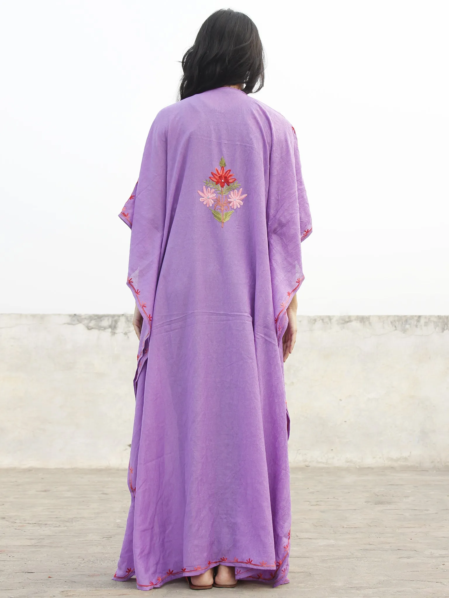 Mauve color Aari Embroidered Long Kashmere Free Size Kaftan in Crushed Cotton - K11K007