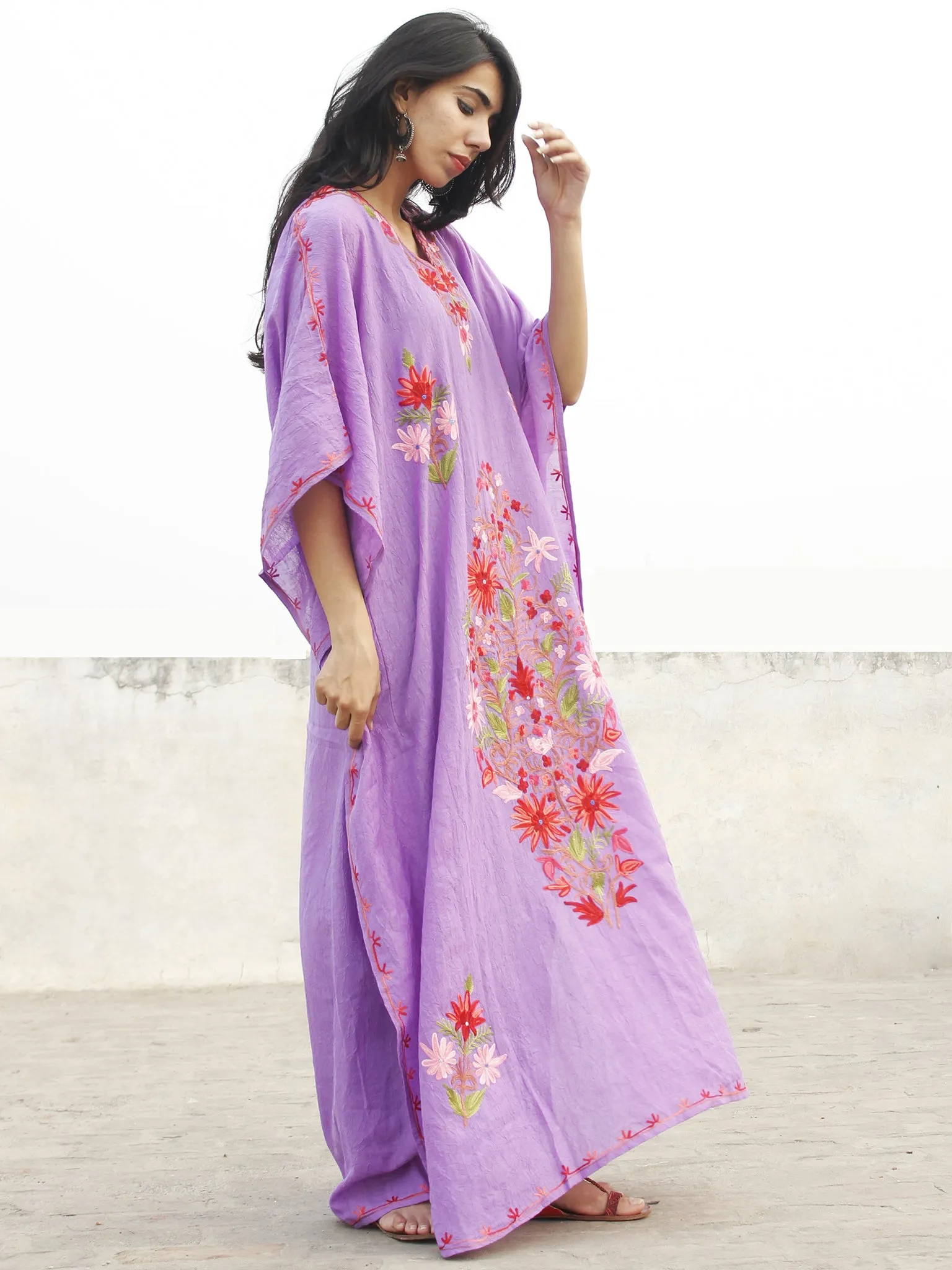 Mauve color Aari Embroidered Long Kashmere Free Size Kaftan in Crushed Cotton - K11K007