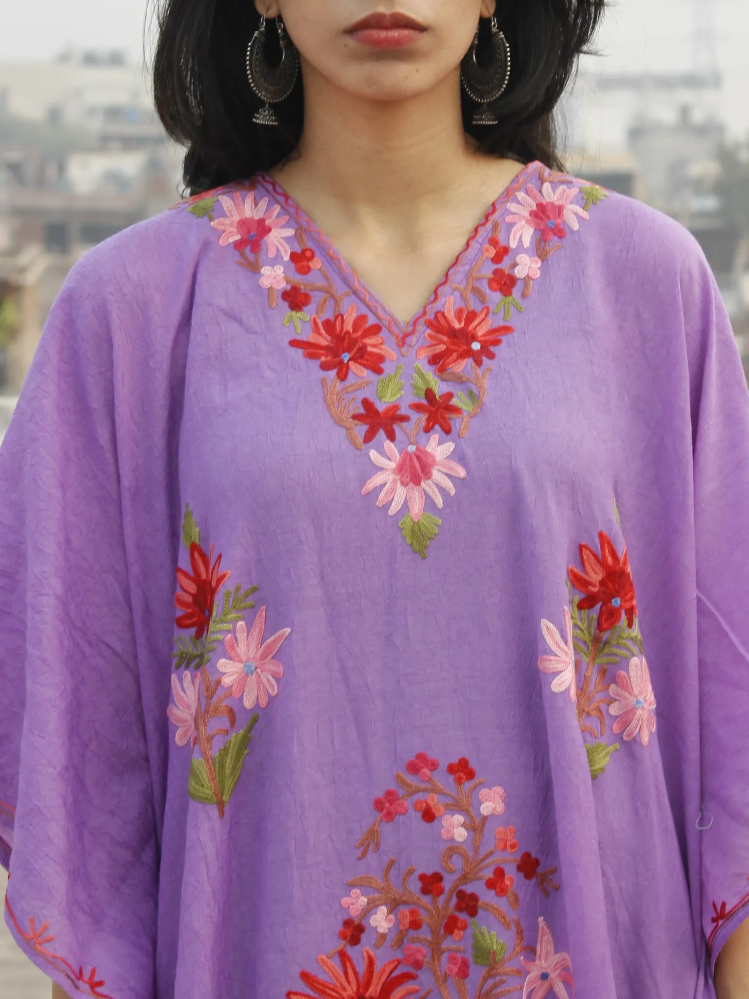 Mauve color Aari Embroidered Long Kashmere Free Size Kaftan in Crushed Cotton - K11K007