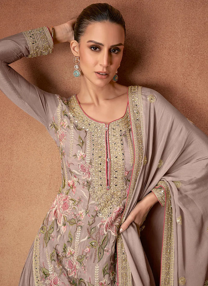 Mauve Floral Embroidery Festive Palazzo Suit