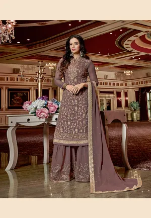 Mauve Golden Traditional Embroidered Georgette Sharara Suit