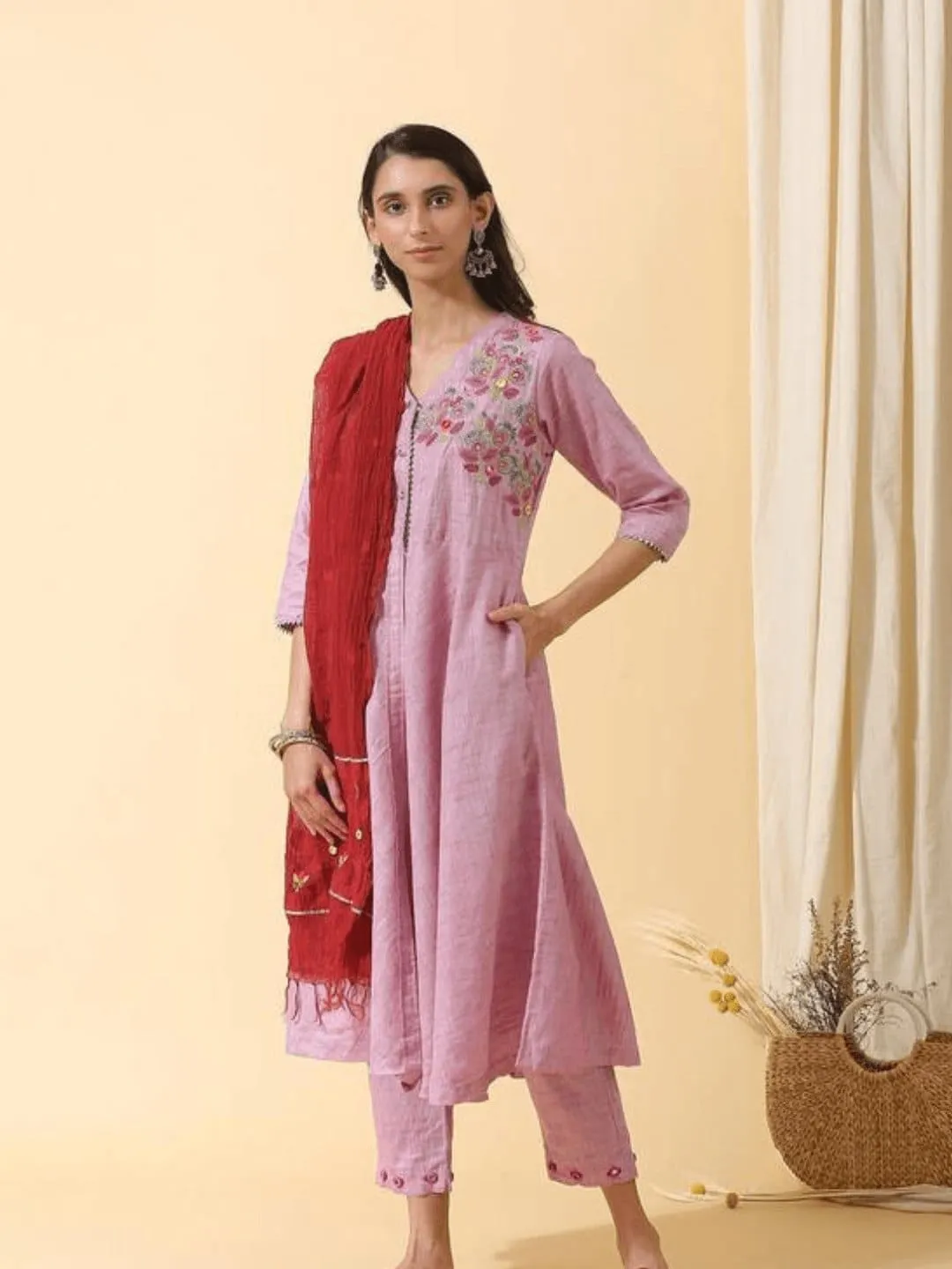 Mauve khadi Colorful Chintz embroidery Kurta Set