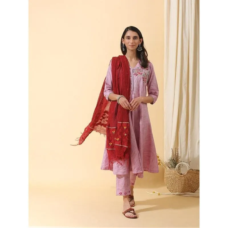 Mauve khadi Colorful Chintz embroidery Kurta Set