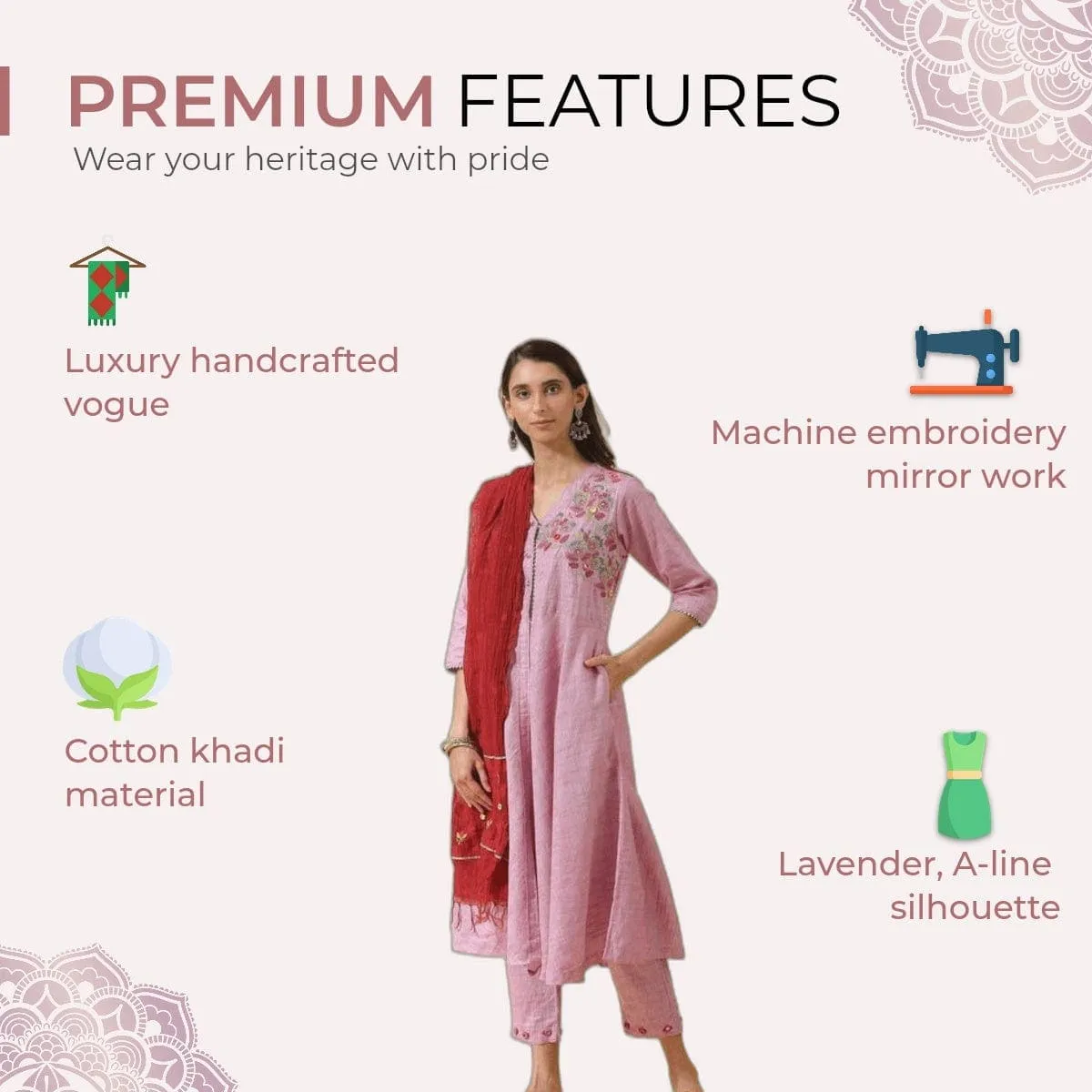 Mauve khadi Colorful Chintz embroidery Kurta Set