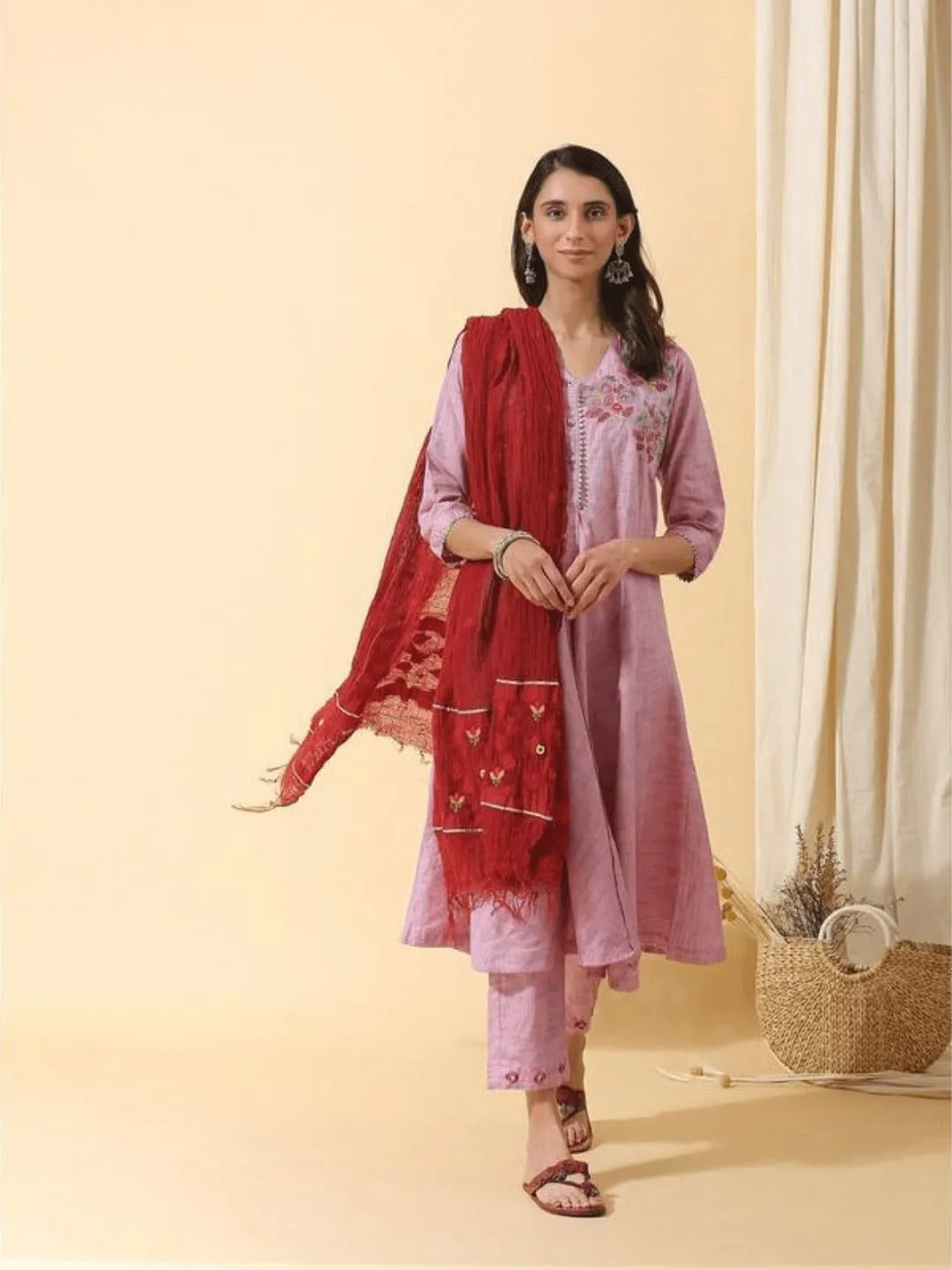 Mauve khadi Colorful Chintz embroidery Kurta Set