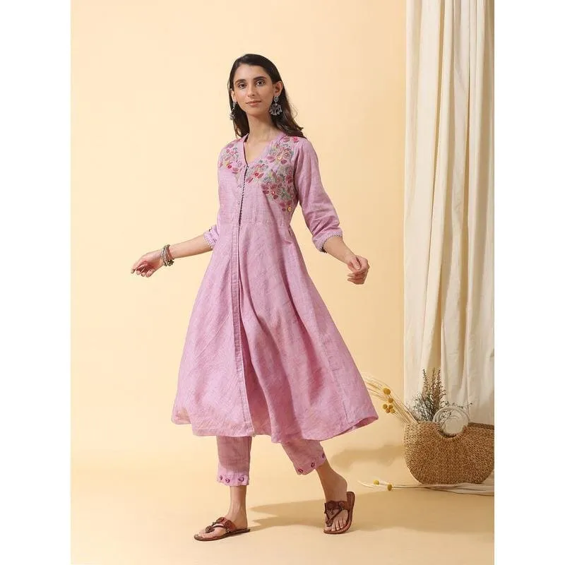 Mauve khadi Colorful Chintz embroidery Kurta Set