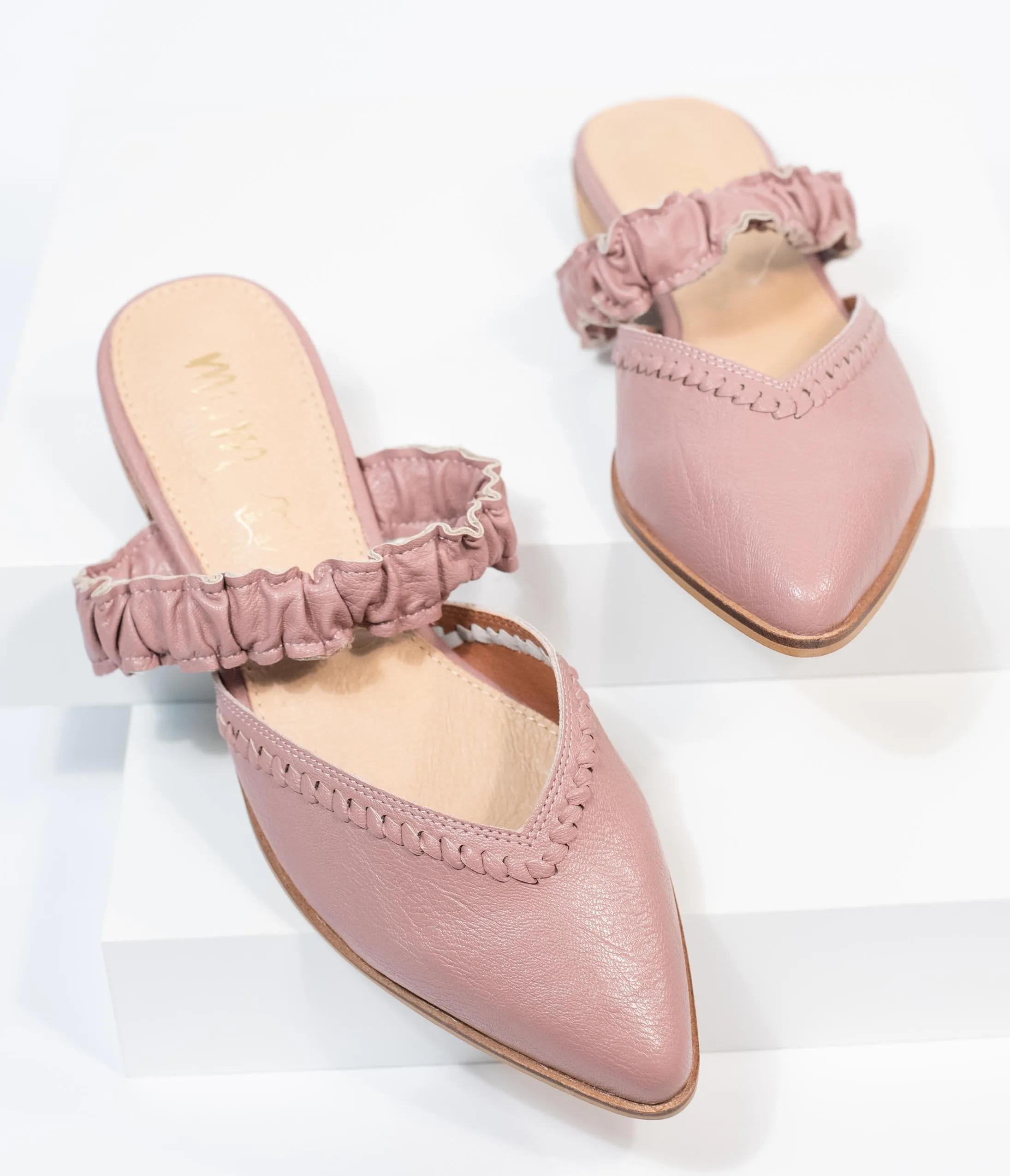 Mauve Leatherette Ruffle Strap Mules