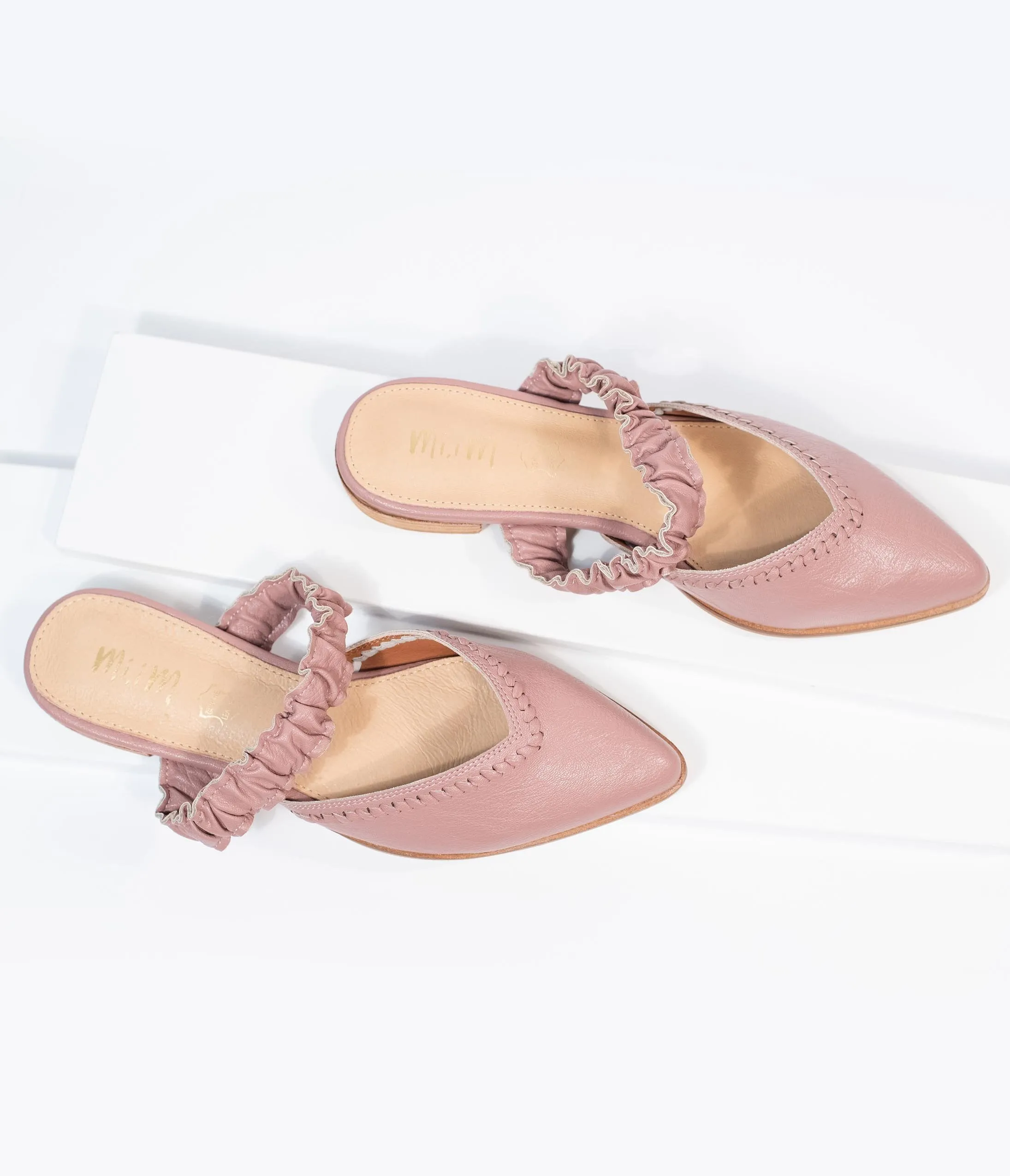 Mauve Leatherette Ruffle Strap Mules