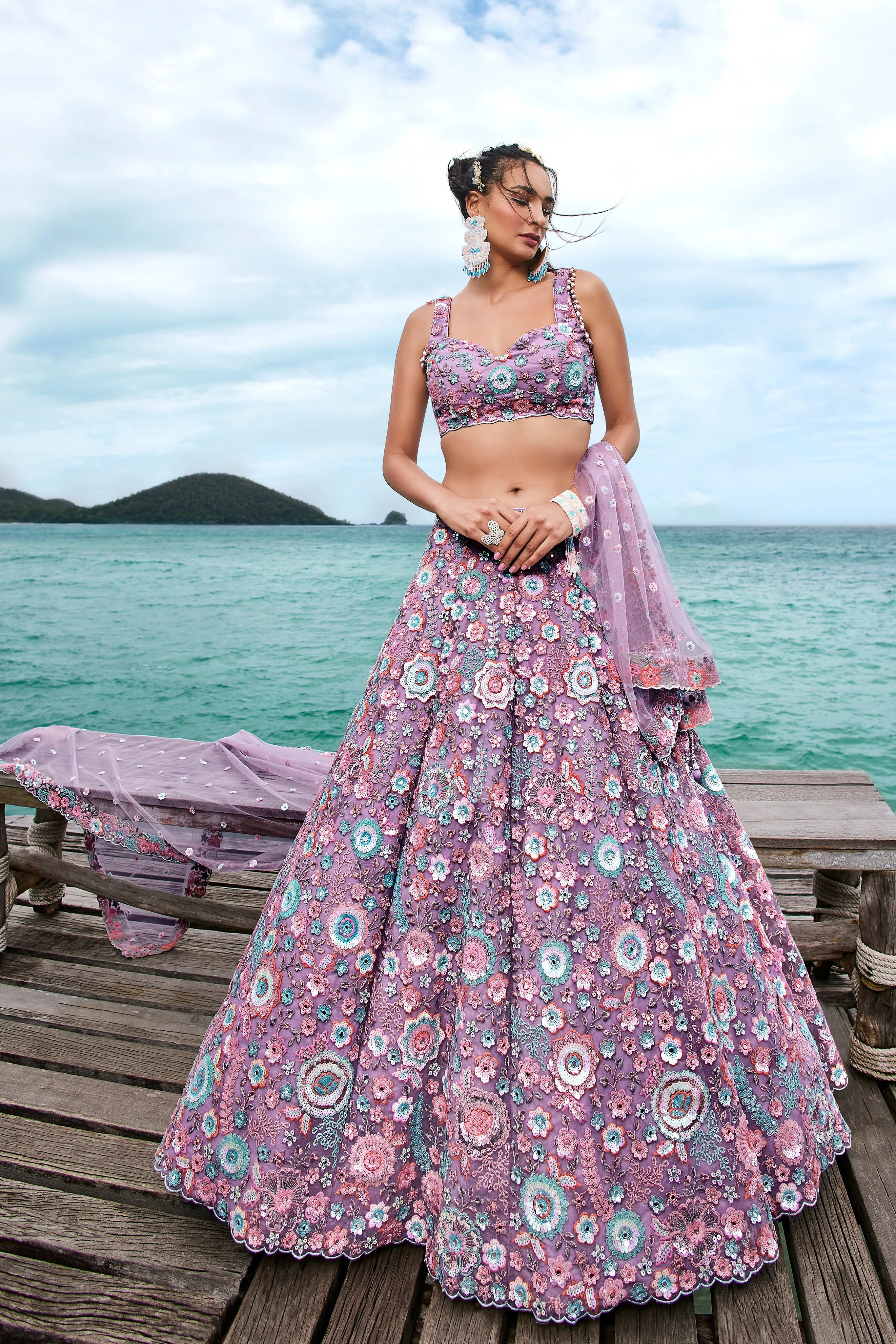 Mauve Net Sequins, Mirror and thread embroidery Semi-Stitched Lehenga choli & Dupatta