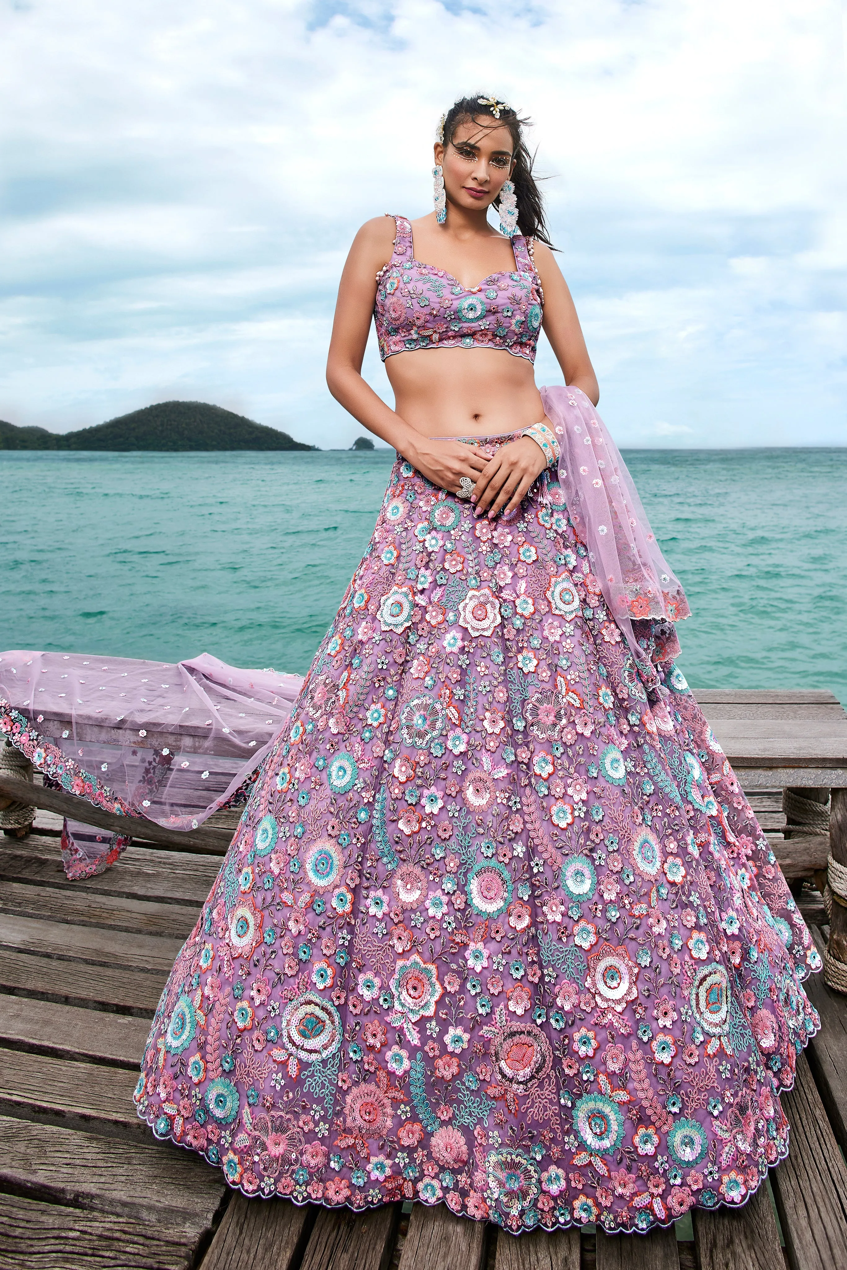 Mauve Net Sequins, Mirror and thread embroidery Semi-Stitched Lehenga choli & Dupatta