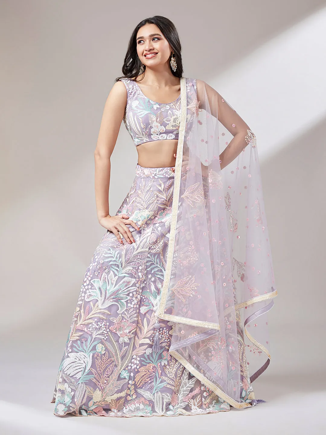 Mauve Net Sequinse Work Semi-Stitched Lehenga & Unstitched Blouse with Dupatta