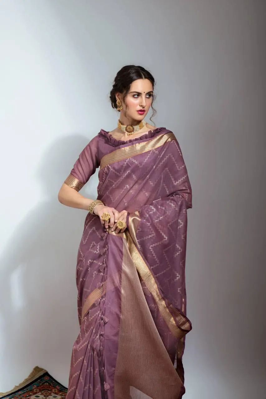 Mauve Purple Chevron Linen Silk  Saree