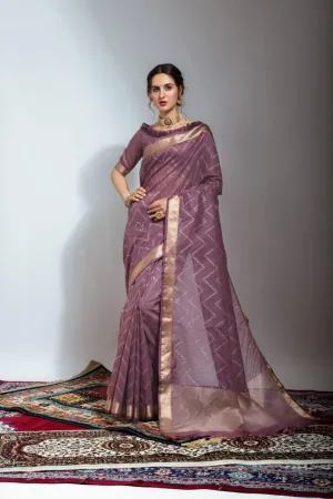 Mauve Purple Chevron Linen Silk  Saree