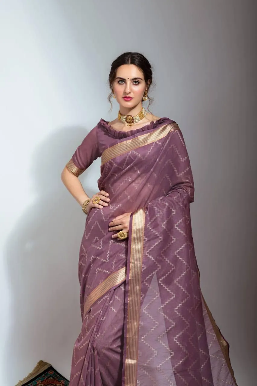 Mauve Purple Chevron Linen Silk  Saree