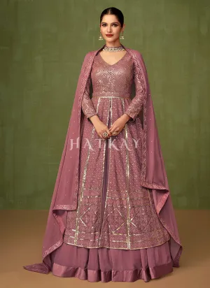 Mauve Purple Golden Embroidered Slit Style Anarkali Lehenga Suit