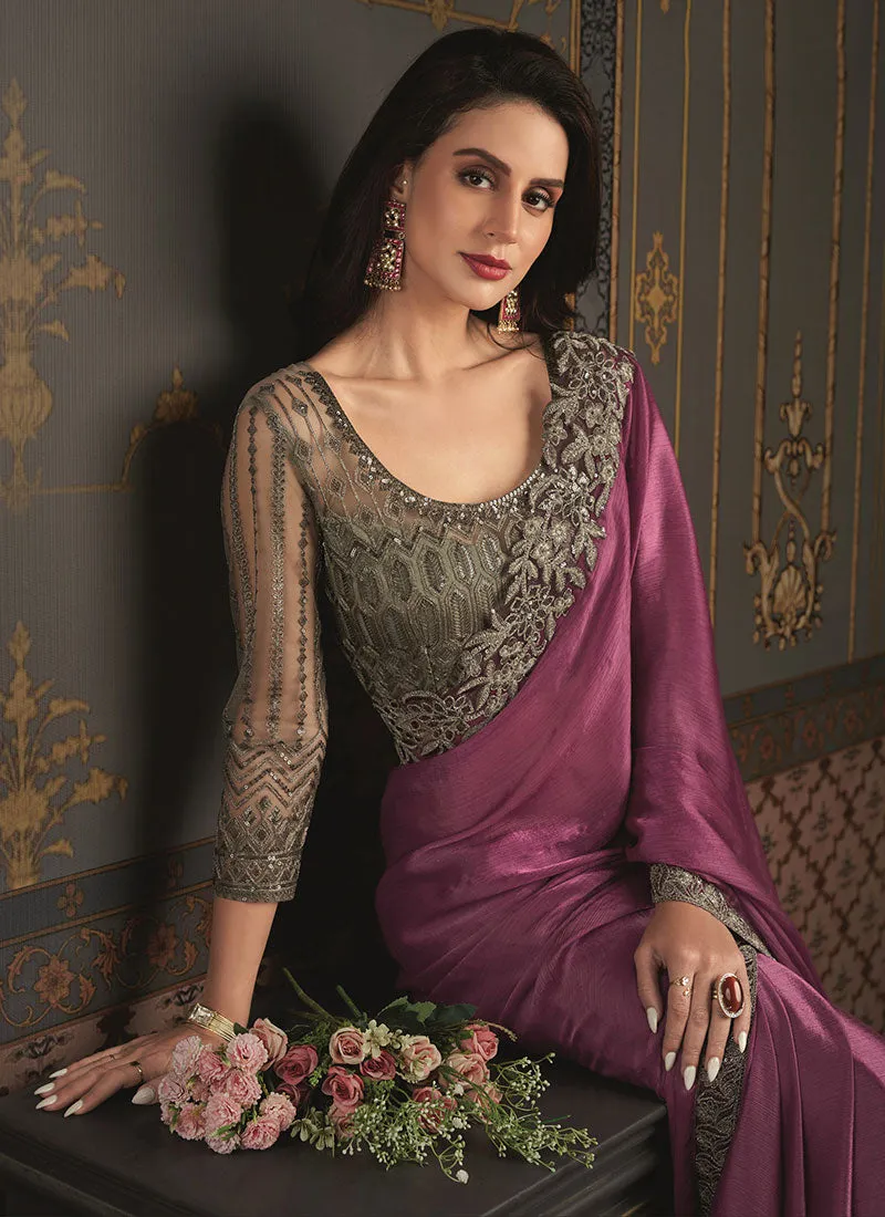 Mauve Purple Sequence Embroidery Designer Silk Saree