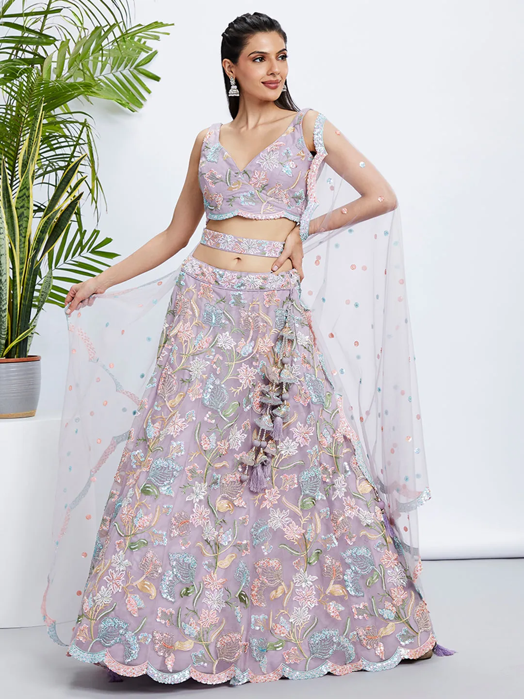 Mauve Sequinned Lehenga Choli & Dupatta Set - Semi-Stitched