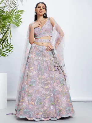 Mauve Sequinned Lehenga Choli & Dupatta Set - Semi-Stitched