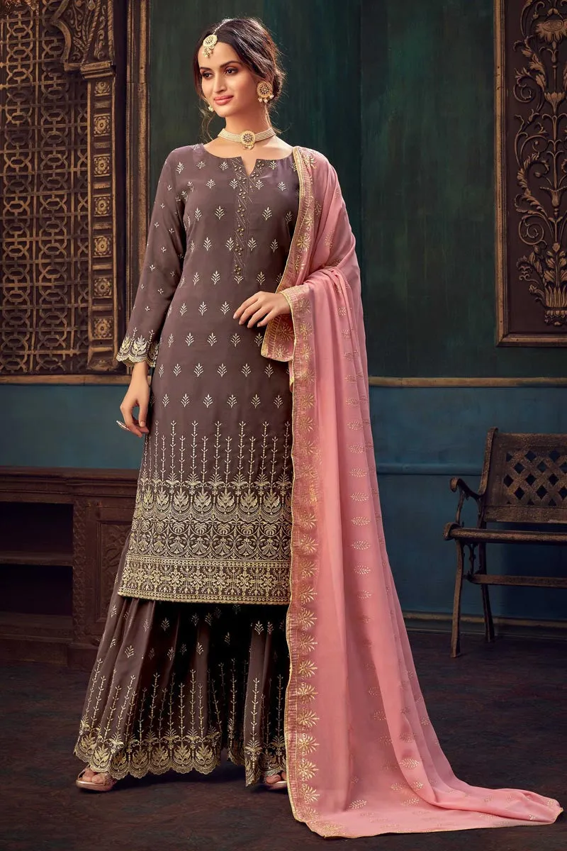 Mauve Taupe Faux Georgette Pakistani Sharara Suit