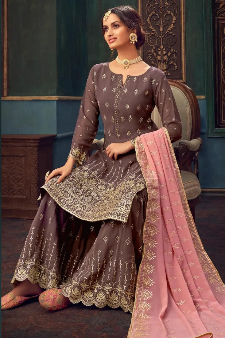 Mauve Taupe Faux Georgette Pakistani Sharara Suit