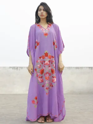 Mauve with Multi color  Aari Embroidered Long Kashmere Free Size Kaftan in Crushed Cotton - K11K019