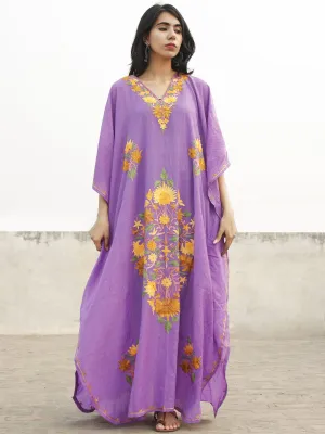 Mauve Yellow Aari Embroidered Long Kashmere Free Size Kaftan in Crushed Cotton - K11K013