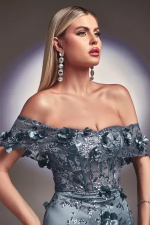 Max Off the Shoulder Prom Dress 740832ER-SmokeyBlue LaDivine J832 Cinderella Divine J832