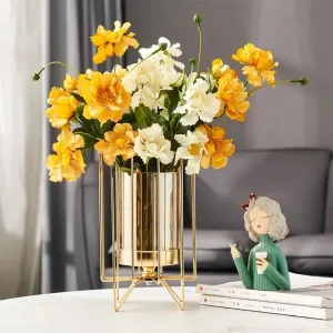 MAXXINN Metal Geometric Designer Gold Pillar Flower Vase with Removable Glass Modern Design for Pot, Gift, Home Decor, Bedroom, Office Corner, Christmas Décor Item (Gold)