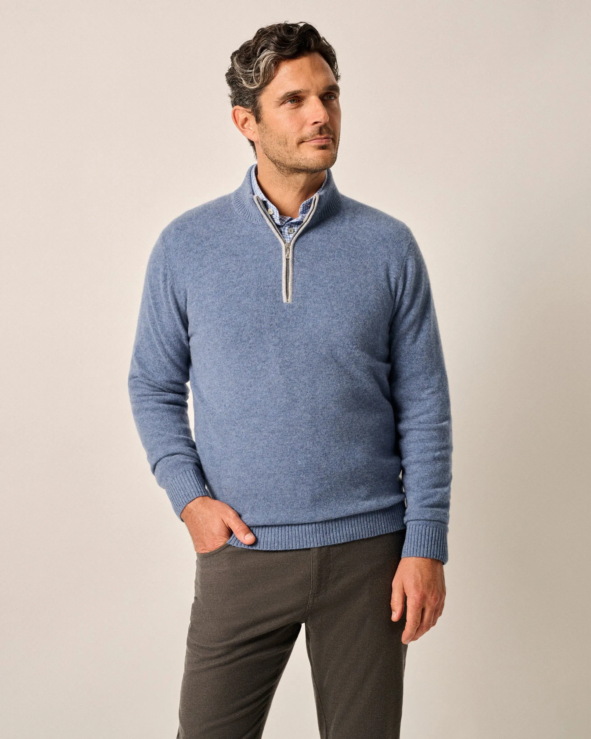 Mayfair Cashmere Quarter Zip Sweater in Laguna Blue by Johnnie-O